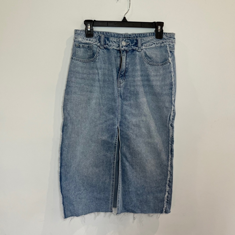 Gemma Rae Stacey Distressed Denim Midi Skirt Blue Fringed Raw Hem - Size 7 -B030